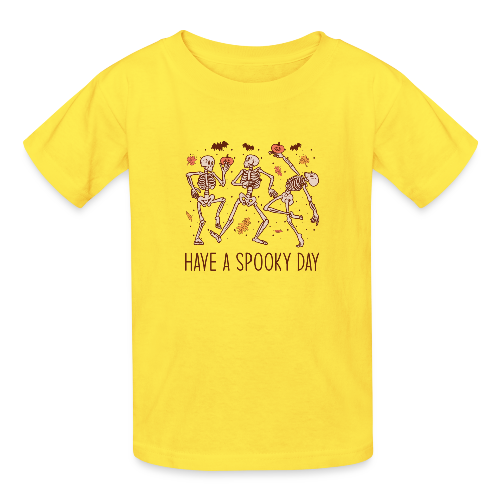 Youth 'Have a Spooky Day' Dancing Skeletons Hanes Tagless Tee: Groovy Bones for Your Little Ghoul - yellow