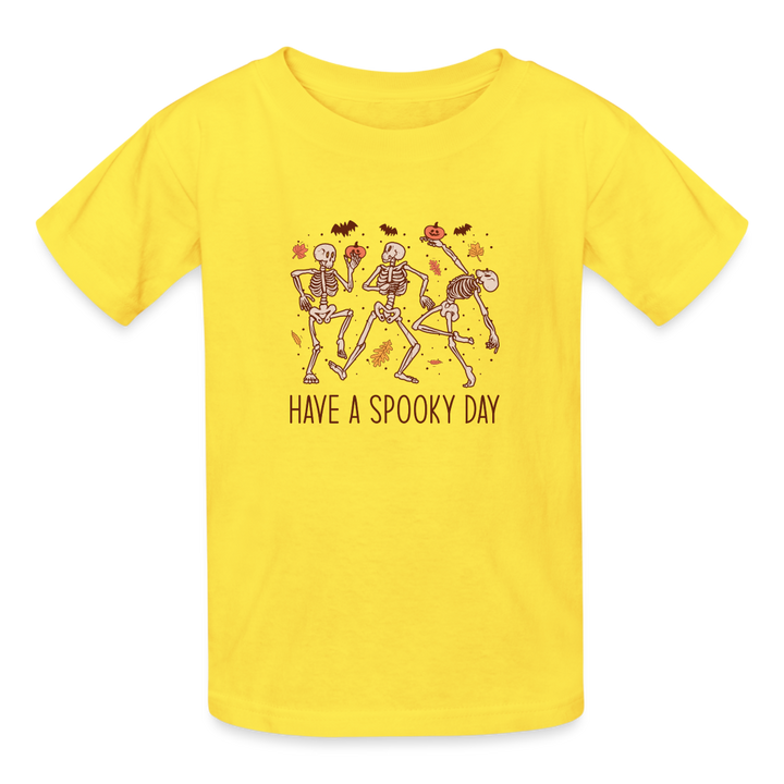 Youth 'Have a Spooky Day' Dancing Skeletons Hanes Tagless Tee: Groovy Bones for Your Little Ghoul - yellow