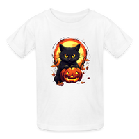 Load image into Gallery viewer, Youth 'Frightful Feline &amp; Jack-O'-Lantern' Hanes Tagless Tee: The Spook-tacular Duo for Kids this Halloween - white
