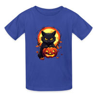 Load image into Gallery viewer, Youth 'Frightful Feline &amp; Jack-O'-Lantern' Hanes Tagless Tee: The Spook-tacular Duo for Kids this Halloween - royal blue

