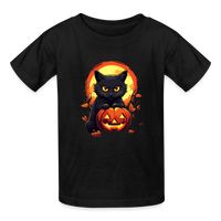 Load image into Gallery viewer, Youth 'Frightful Feline &amp; Jack-O'-Lantern' Hanes Tagless Tee: The Spook-tacular Duo for Kids this Halloween - black
