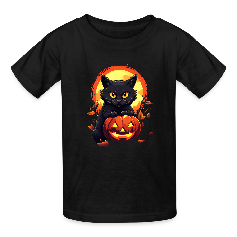 Youth 'Frightful Feline & Jack-O'-Lantern' Hanes Tagless Tee: The Spook-tacular Duo for Kids this Halloween - black