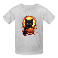 Load image into Gallery viewer, Youth 'Frightful Feline &amp; Jack-O'-Lantern' Hanes Tagless Tee: The Spook-tacular Duo for Kids this Halloween - heather gray
