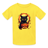 Load image into Gallery viewer, Youth 'Frightful Feline &amp; Jack-O'-Lantern' Hanes Tagless Tee: The Spook-tacular Duo for Kids this Halloween - yellow
