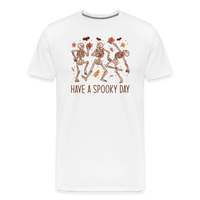 Load image into Gallery viewer, Men&#39;s &#39;Have a Spooky Day&#39; Dancing Skeletons Premium Tee: The Ultimate Blend of Spook and Swagger for Halloween - white
