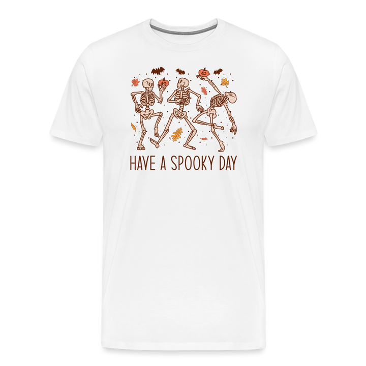 Men's 'Have a Spooky Day' Dancing Skeletons Premium Tee: The Ultimate Blend of Spook and Swagger for Halloween - white