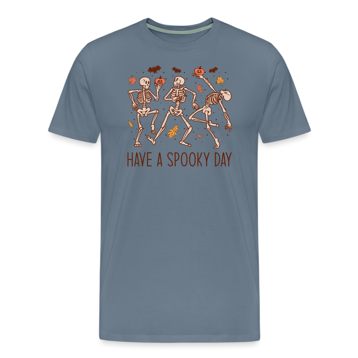 Men's 'Have a Spooky Day' Dancing Skeletons Premium Tee: The Ultimate Blend of Spook and Swagger for Halloween - steel blue