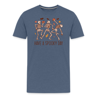 Load image into Gallery viewer, Men&#39;s &#39;Have a Spooky Day&#39; Dancing Skeletons Premium Tee: The Ultimate Blend of Spook and Swagger for Halloween - heather blue
