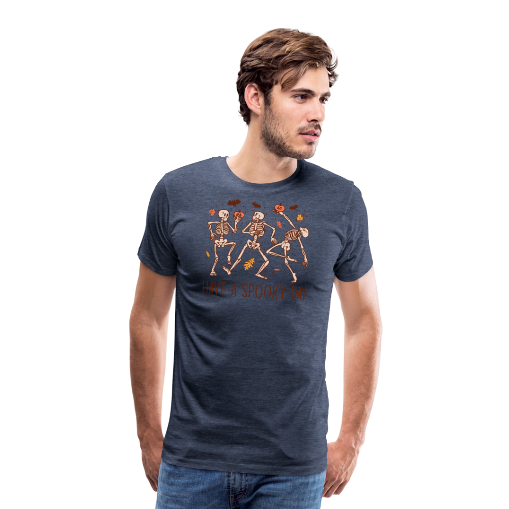 Men's 'Have a Spooky Day' Dancing Skeletons Premium Tee: The Ultimate Blend of Spook and Swagger for Halloween - heather blue