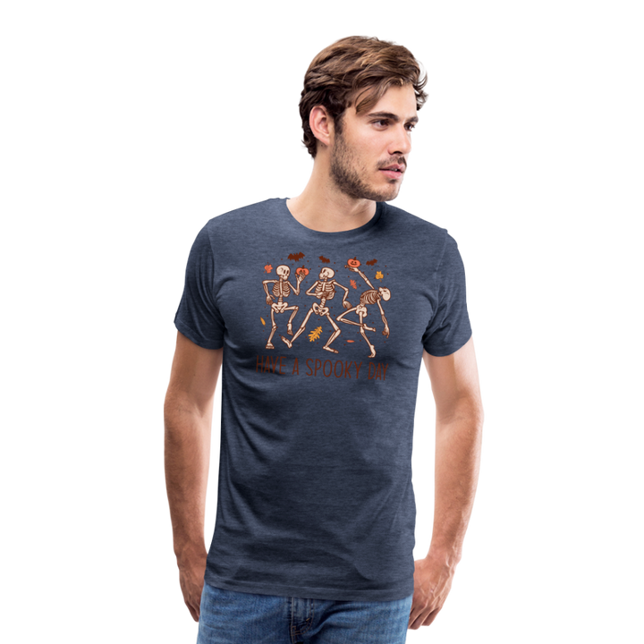 Men's 'Have a Spooky Day' Dancing Skeletons Premium Tee: The Ultimate Blend of Spook and Swagger for Halloween - heather blue