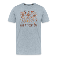 Load image into Gallery viewer, Men&#39;s &#39;Have a Spooky Day&#39; Dancing Skeletons Premium Tee: The Ultimate Blend of Spook and Swagger for Halloween - heather ice blue
