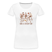 Load image into Gallery viewer, Women&#39;s &#39;Have a Spooky Day&#39; Dancing Skeletons Premium Tee: Bone-Jiggling Style for the Halloween Enthusiast - white
