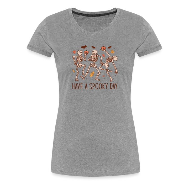 Women's 'Have a Spooky Day' Dancing Skeletons Premium Tee: Bone-Jiggling Style for the Halloween Enthusiast - heather gray