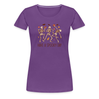Load image into Gallery viewer, Women&#39;s &#39;Have a Spooky Day&#39; Dancing Skeletons Premium Tee: Bone-Jiggling Style for the Halloween Enthusiast - purple
