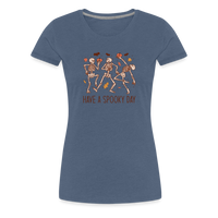 Load image into Gallery viewer, Women&#39;s &#39;Have a Spooky Day&#39; Dancing Skeletons Premium Tee: Bone-Jiggling Style for the Halloween Enthusiast - heather blue
