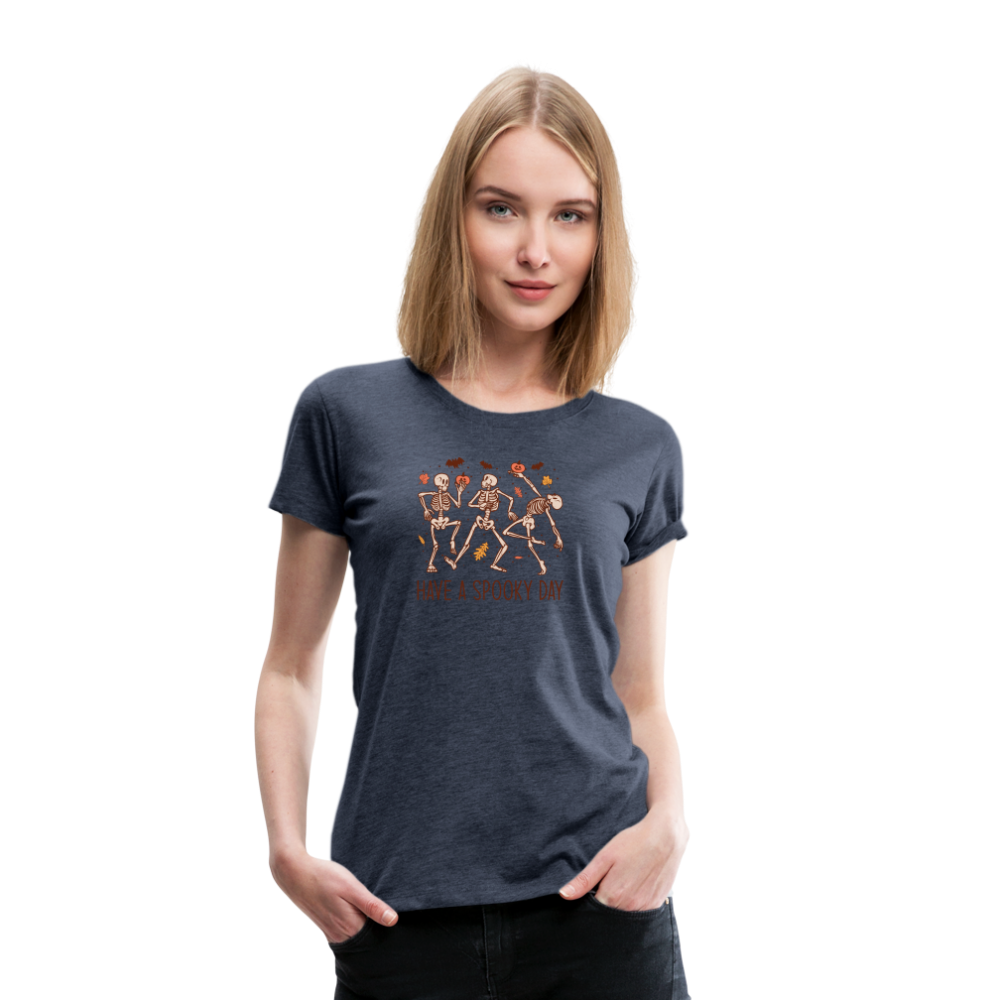 Women's 'Have a Spooky Day' Dancing Skeletons Premium Tee: Bone-Jiggling Style for the Halloween Enthusiast - heather blue