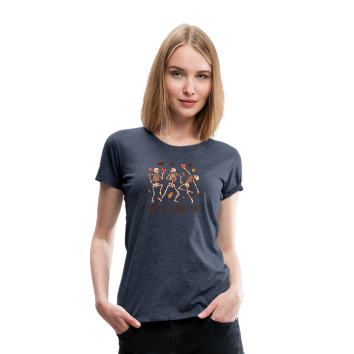 Women's 'Have a Spooky Day' Dancing Skeletons Premium Tee: Bone-Jiggling Style for the Halloween Enthusiast - heather blue