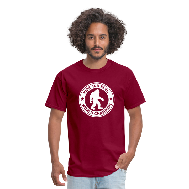 Bigfoot Hide & Seek Champ: Humorous Cryptozoology Legend Tee - burgundy