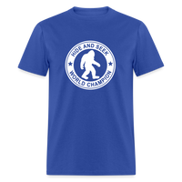 Load image into Gallery viewer, Bigfoot Hide &amp; Seek Champ: Humorous Cryptozoology Legend Tee - royal blue
