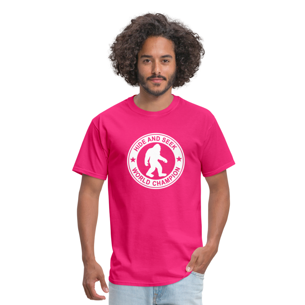 Bigfoot Hide & Seek Champ: Humorous Cryptozoology Legend Tee - fuchsia