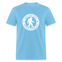 Load image into Gallery viewer, Bigfoot Hide &amp; Seek Champ: Humorous Cryptozoology Legend Tee - aquatic blue
