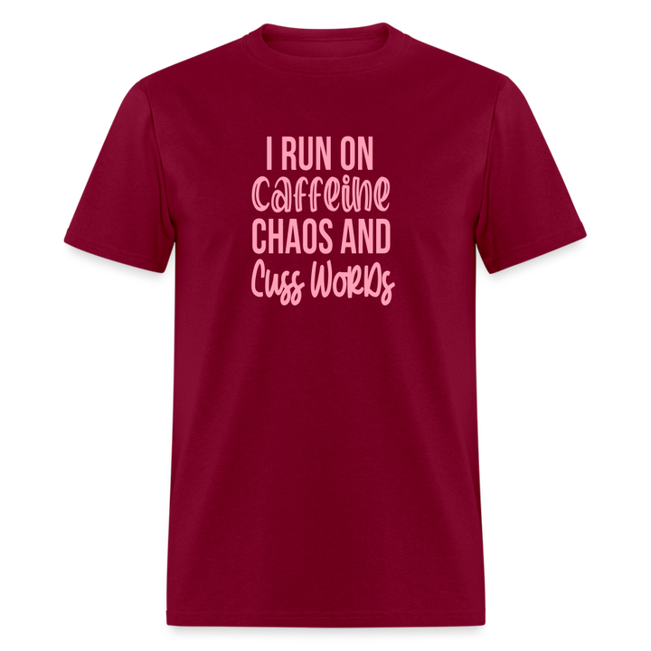 Caffeine, Chaos & Cuss Words: Bold & Cheeky Daily Grind Tee - burgundy