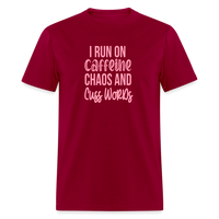 Load image into Gallery viewer, Caffeine, Chaos &amp; Cuss Words: Bold &amp; Cheeky Daily Grind Tee - dark red
