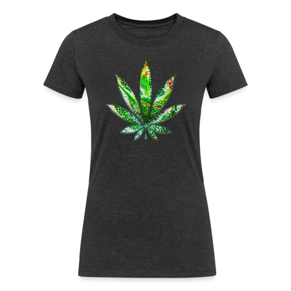 Kaleidoscope Green Leaf: Organic Tri-Blend Multicolor Cannabis Tee (Women's Fit) - heather black