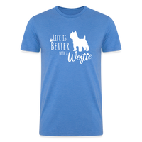 Load image into Gallery viewer, &quot;Westie Wonderland: Life is Better&quot; Mens Tri-Blend Organic T-Shirt -  heather blue
